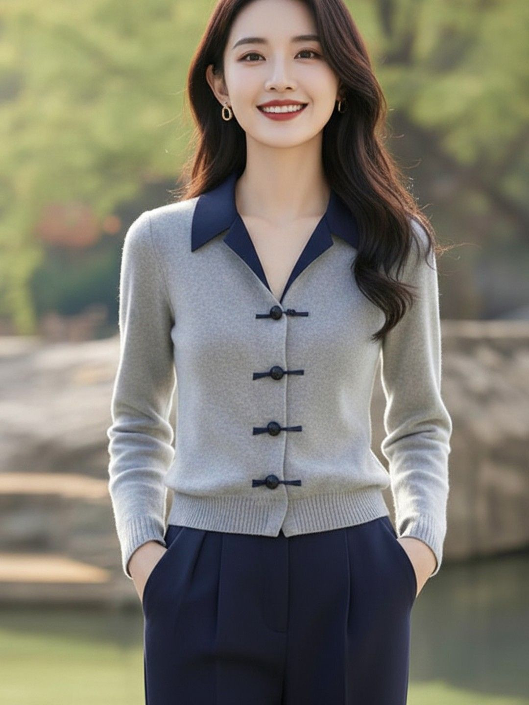 HERE&NOW Women Chinese style gray Polo collar sweater top