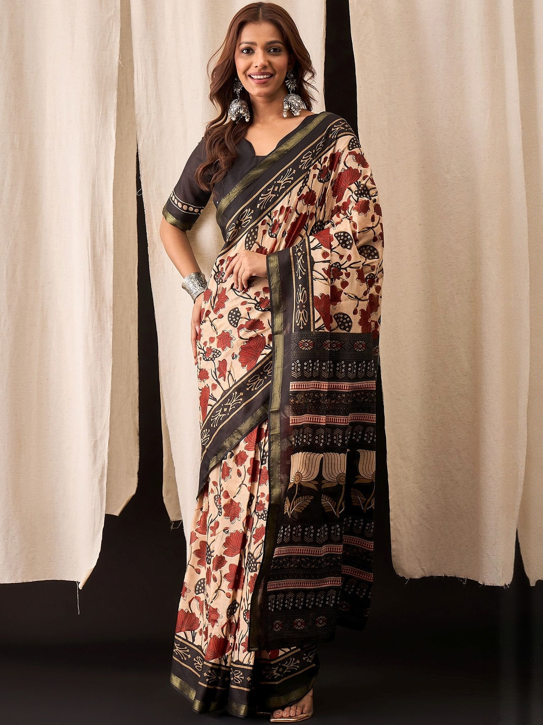 Munir Kalamkari Pure Cotton Bagru Saree With Blouse Piece