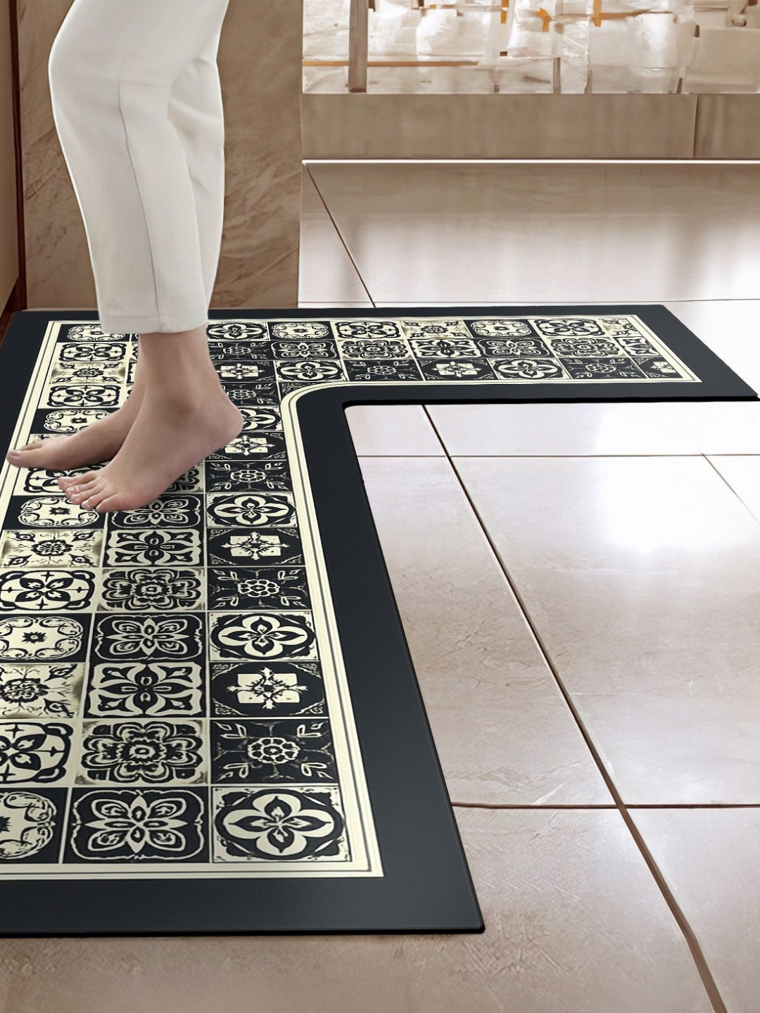 Cortina Cream & Black Ethnic Motifs Printed L-Shaped Waterproof Kitchen Floor Mat
