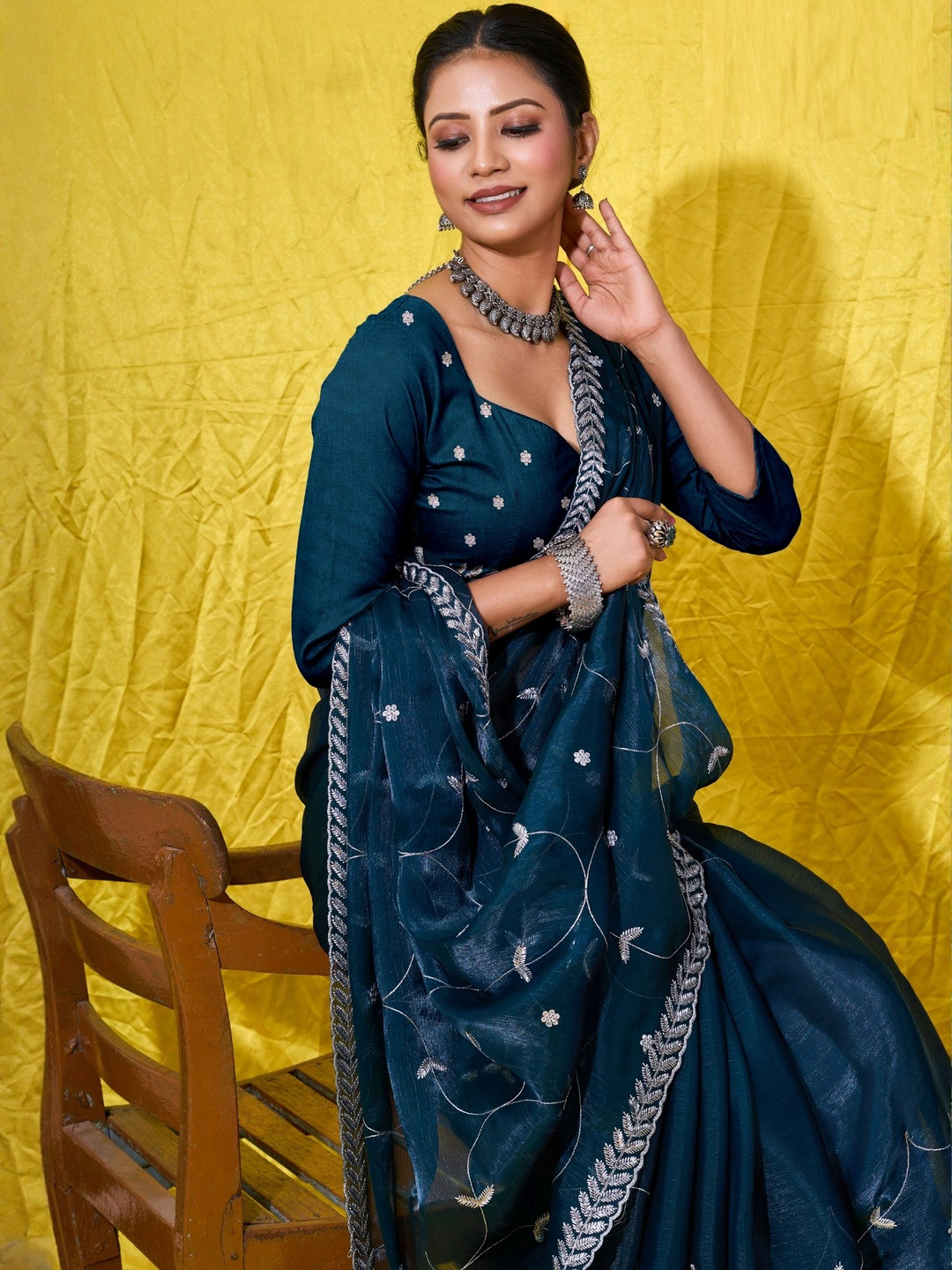 Smart Stree Embellished Embroidered Organza Designer Saree