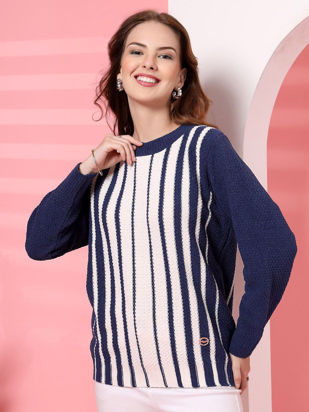 Thirty Threads Women Striped Round Neck Full Sleeves Woollen Pullover Sweater