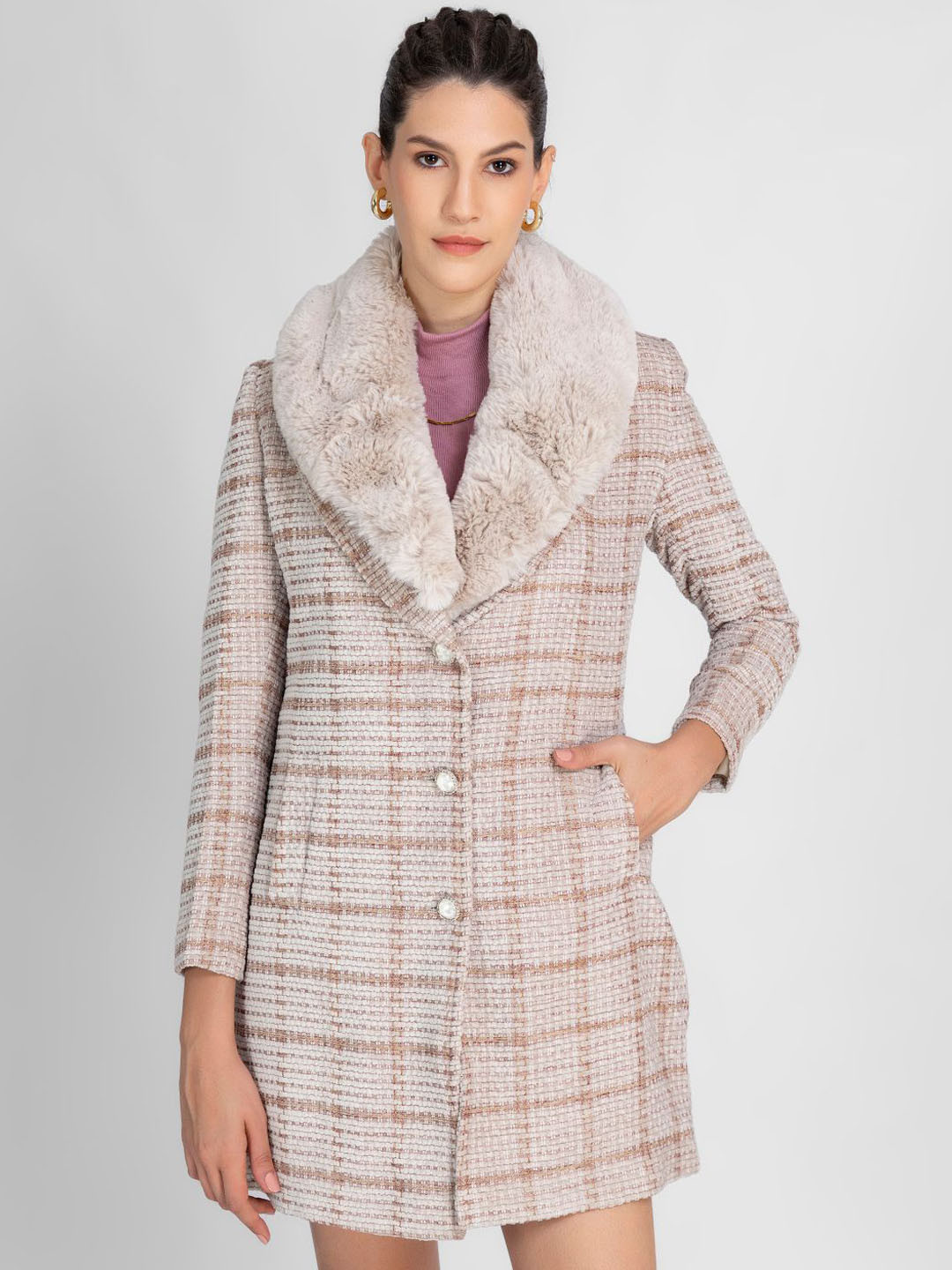 LURE URBAN Checked Notched Lapel Collar Single-Breasted Fur Collar Winter Overcoat