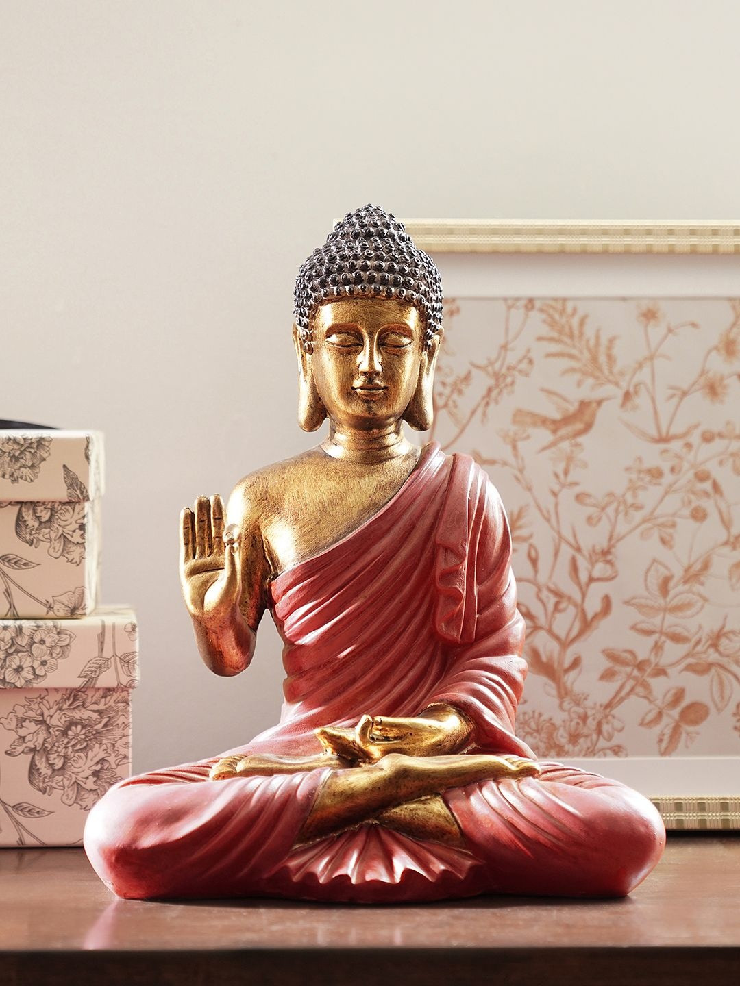Pure Home and Living Gold-Toned & Red Sitting Buddha Religious Idol Showpiece