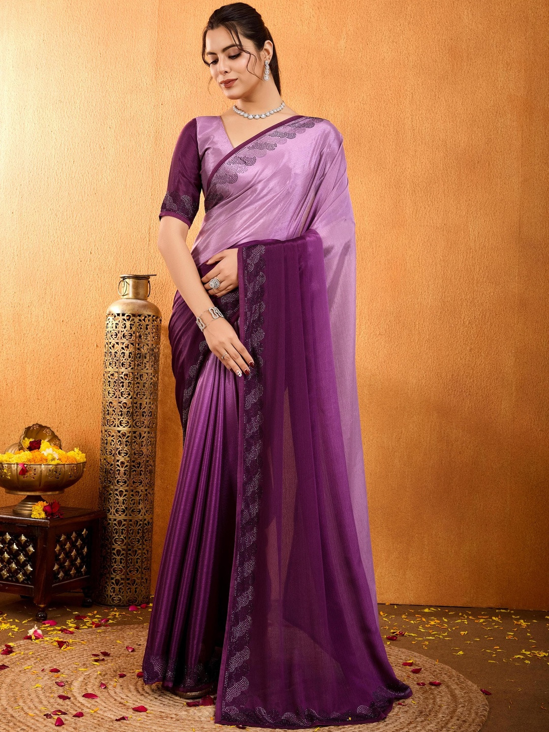 Smart Stree Women Embellished Beads & Stones Pure Chiffon Saree with a Blouse Piece