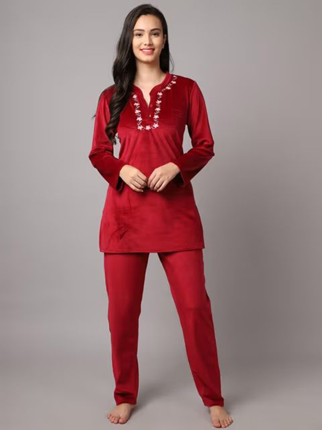 FNOCKS Floral Embroidered Mandarin Collar Velvet Tunic With Trousers Co-Ords