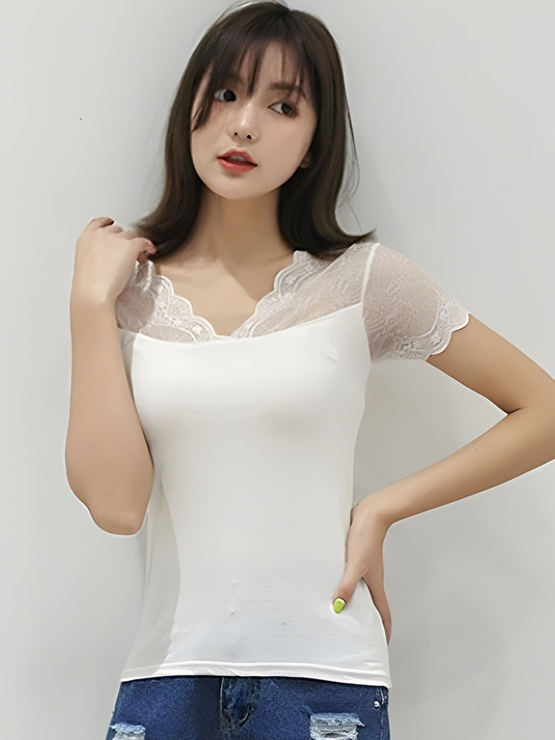 ATOX Girls V-Neck Short Sleeves Lace Inserts Fitted Tops