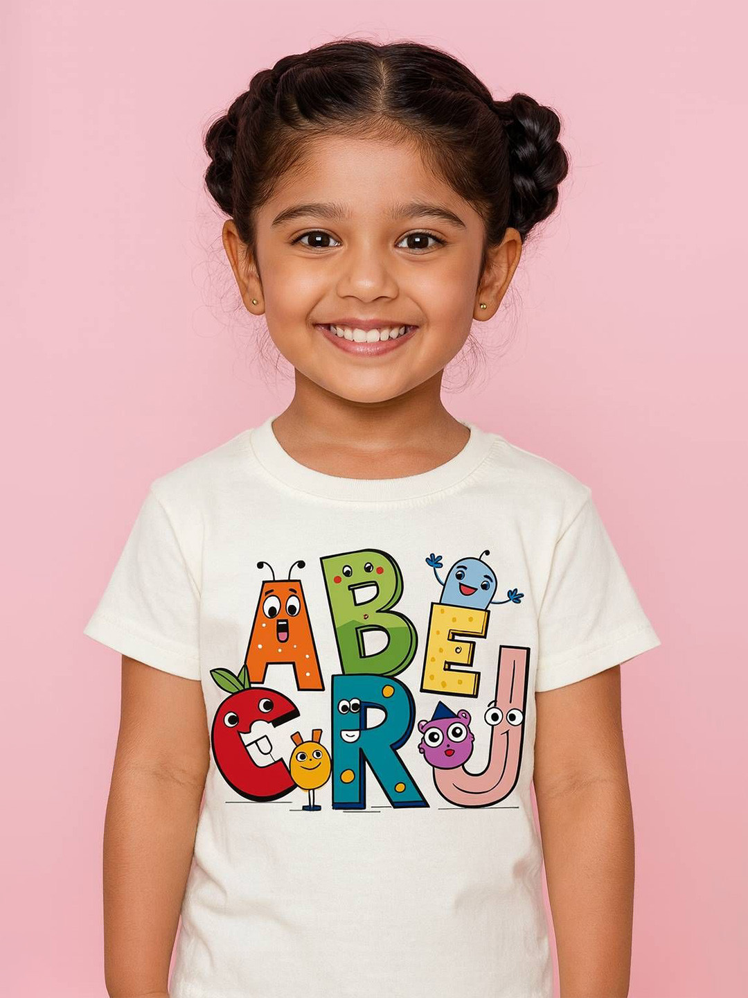 HapyHatch Girls Big Alphabets Printed Regular Fit Round Neck Cotton Tshirt