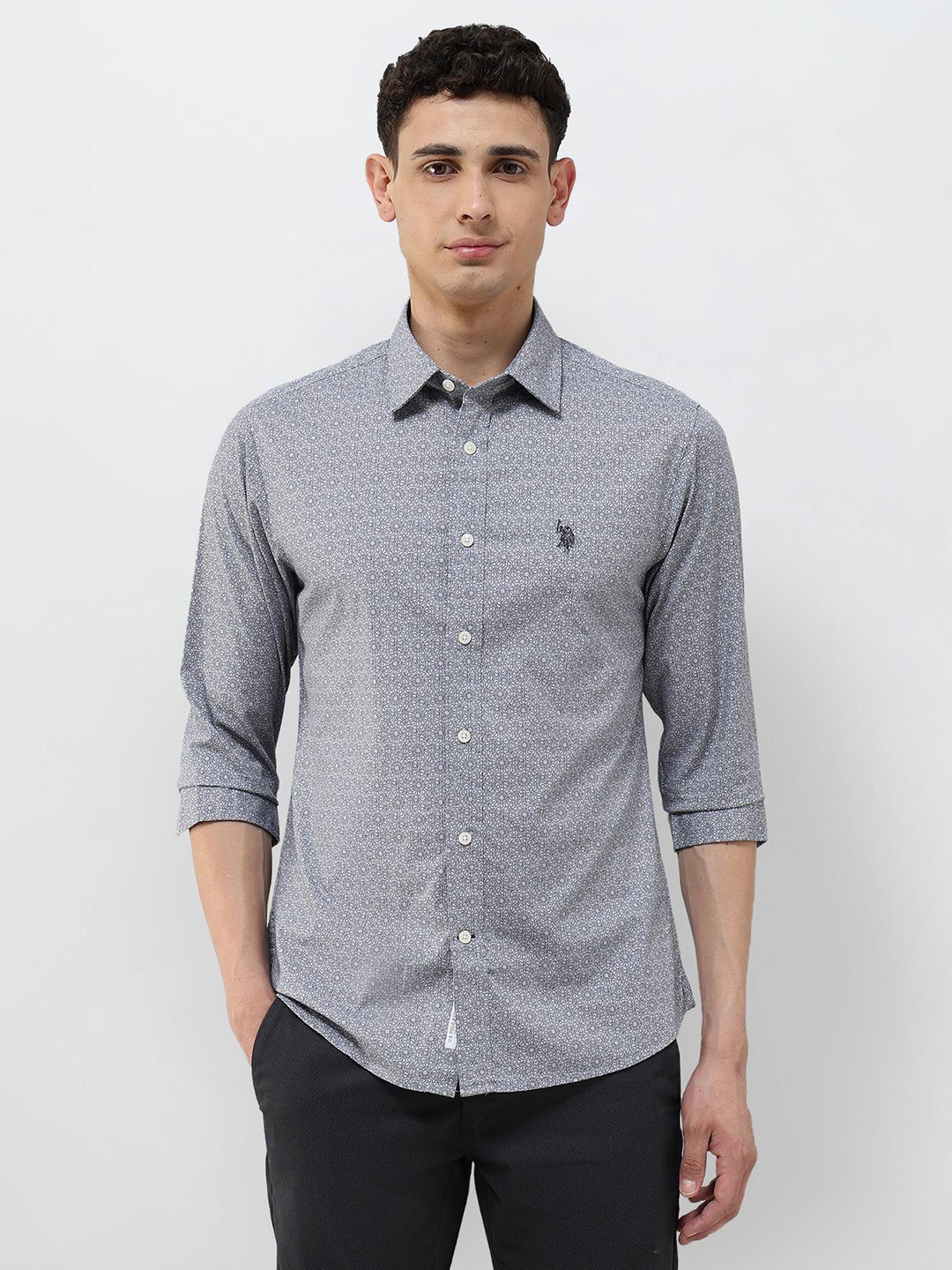 U.S. Polo Assn. Men Tailored Fit Geometric Printed Spread Collar Cotton Casual Shirt