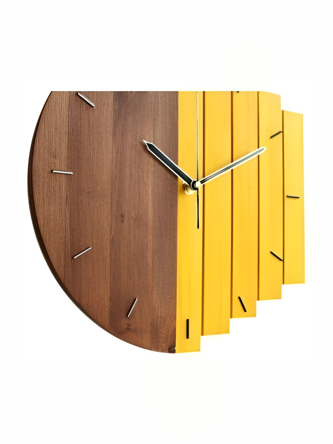 QEZNEF Yellow And Brown Colourblocked Round Wooden Analogue Wall Clock