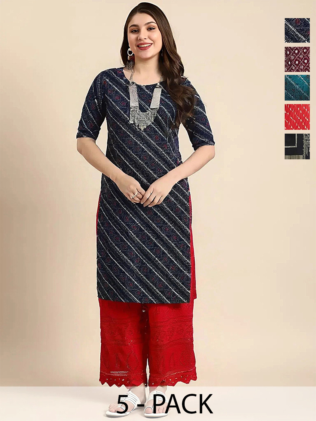 Ethnic basket Set Of 5 Printed Round Neck A-Line Kurtas