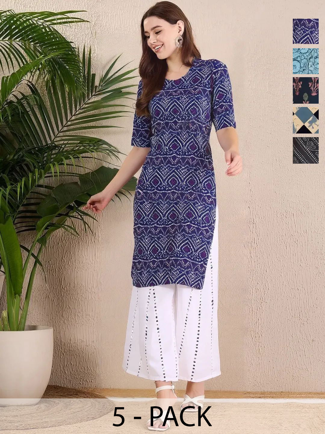 Ethnic basket Set Of 5 Ethnic Motifs Printed Round Neck A-Line Kurtas