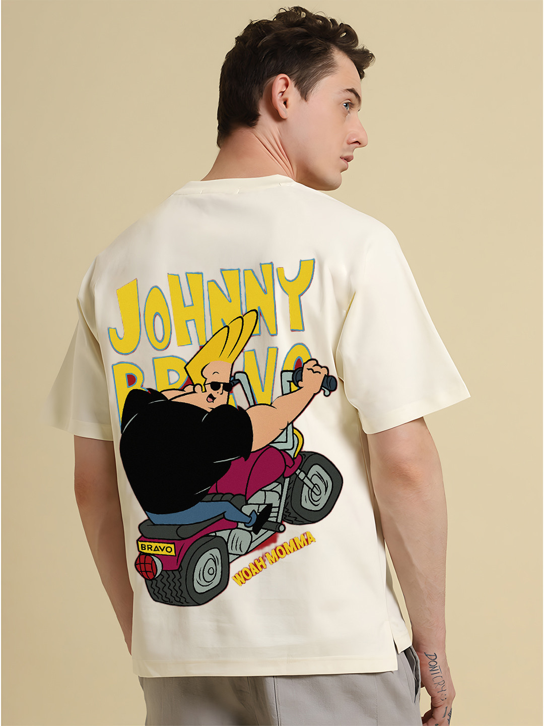 UNIQSOME Men Johnny Bravo Graphic Printed Round Neck Cotton Oversized T-shirt