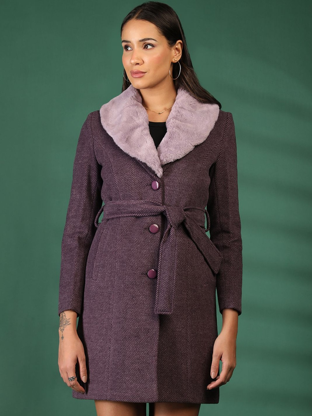 Chemistry Women Notched Lapel Collar Single-Breasted Fur Collar Overcoat