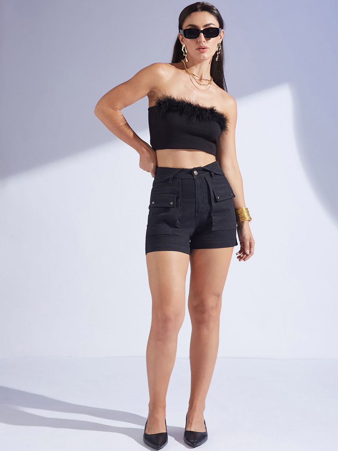 Miss Chase Women's High-Rise Flared Stretch Denim Shorts with Quilted Waist & Pockets