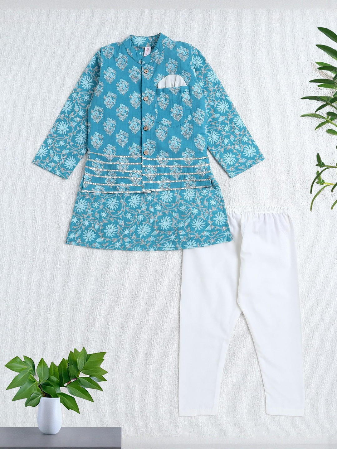 The Magic Wand Boys Floral Printed Regular Pure Cotton Kurta Set with jacket