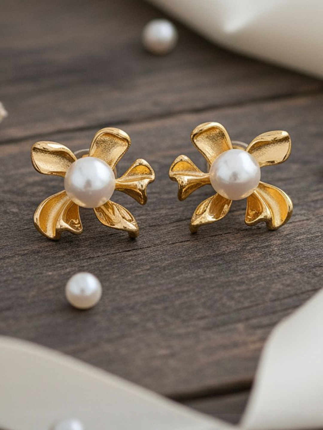 DIVASTRI Floral 18kt Gold Plated With Pearl Anti Tarnish Earrings