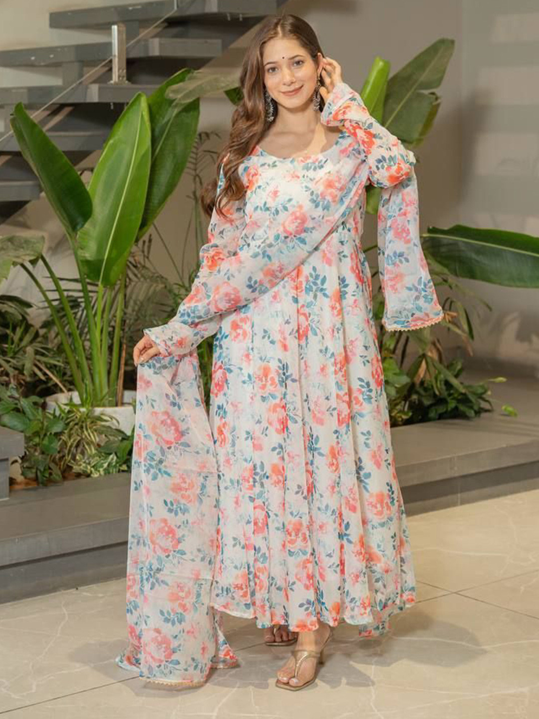 Yara Creation Floral Printed Cotton Fit and Flare Maxi Ethnic Dress Comes with a Dupatta