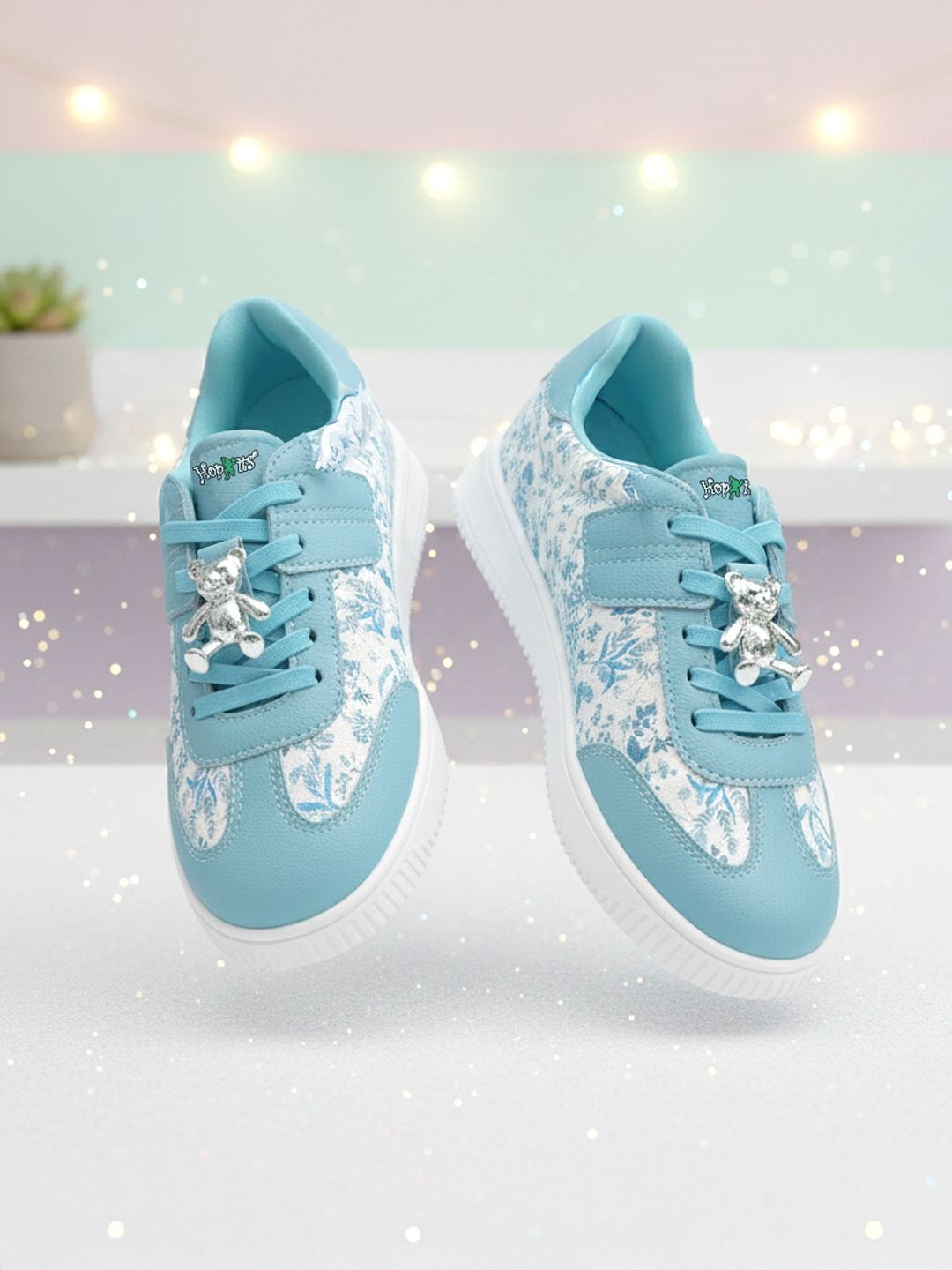 Hopits WonderWalk Girls Printed Round Toe Sky Blue Teddy Floral Sneakers