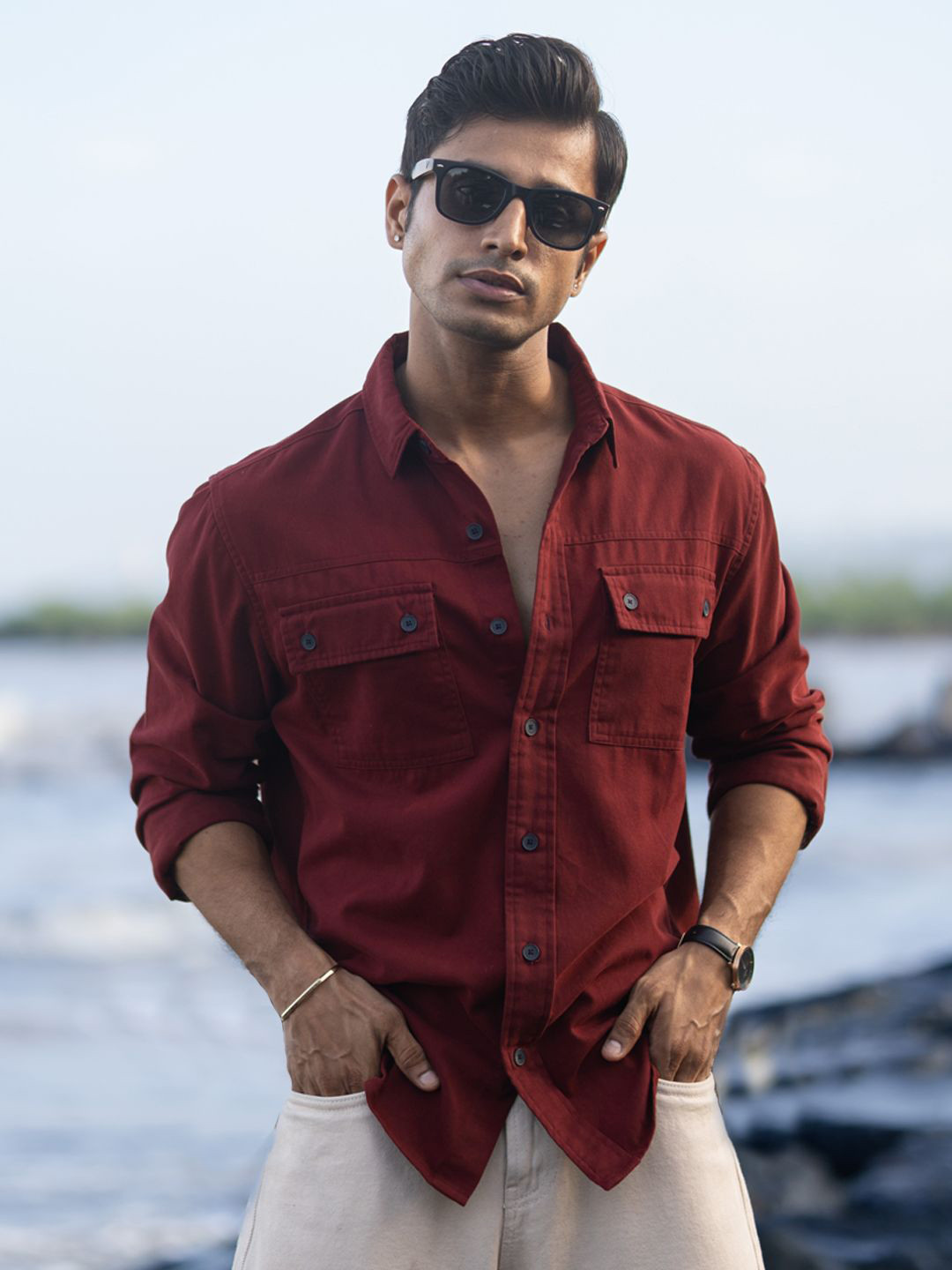 Powerlook Men Solid Spread Collar Pure Cotton Brick Casual Shirt