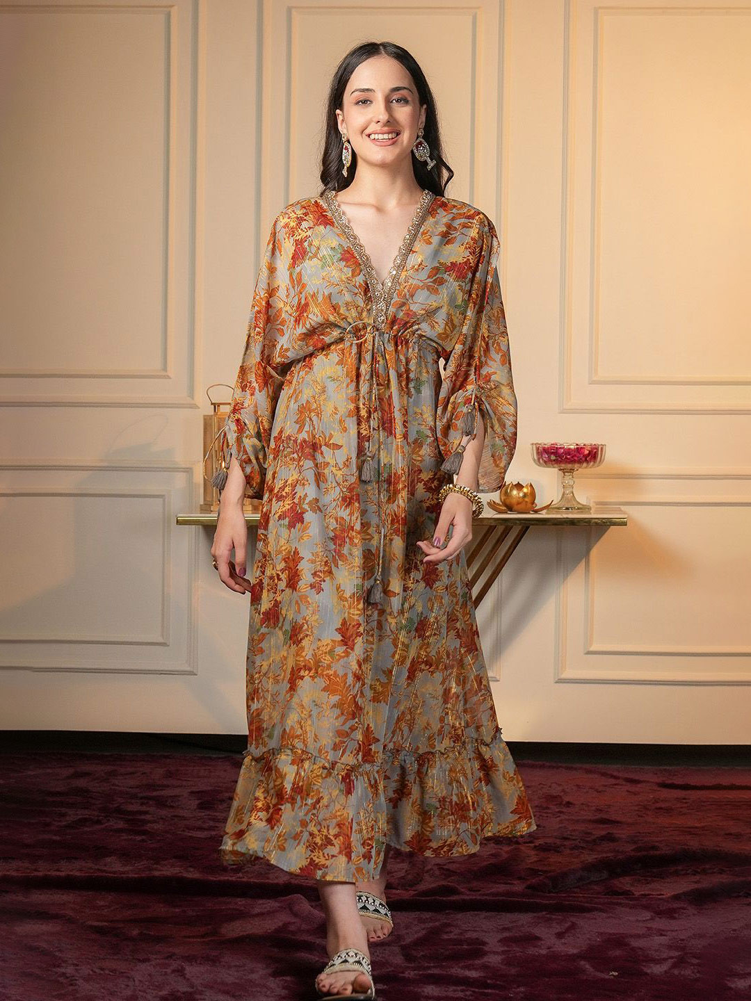 BohoGirl Women Floral Printed Embroidered Flared Sleeve Georgette Kaftan Maxi Dress