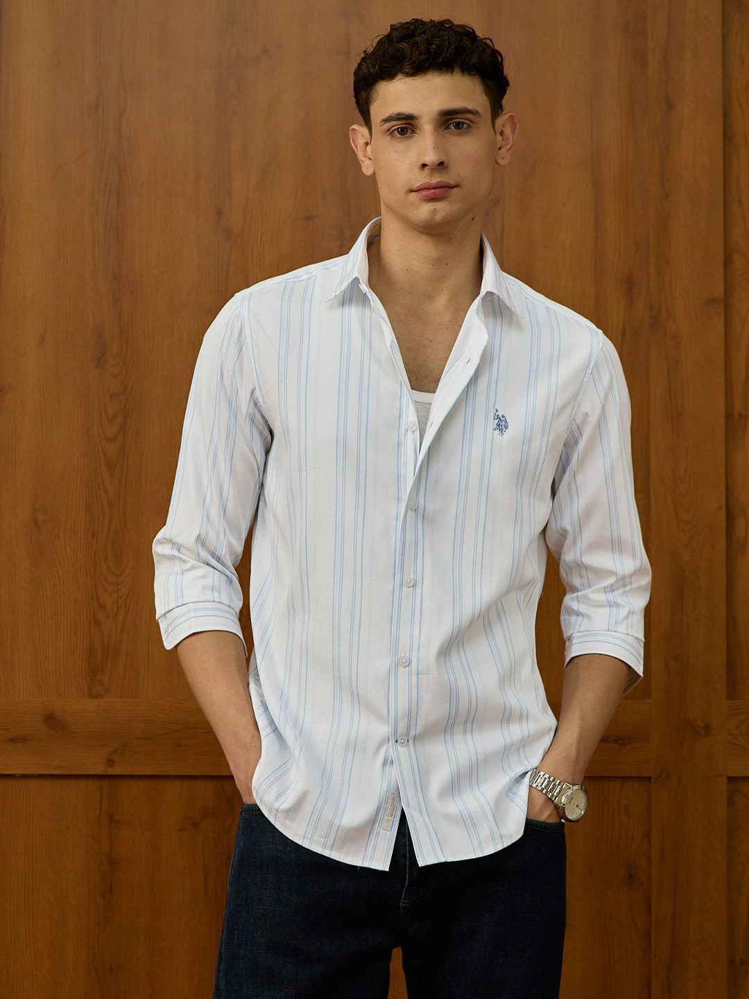 U.S. Polo Assn. Men Tailored Fit Vertical Striped Pure Cotton Poplin Varsity Casual Shirt