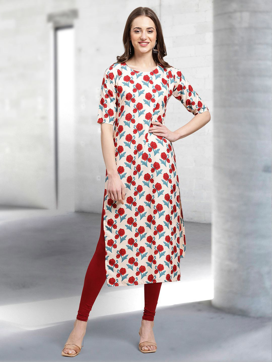Ethnic basket Women Geometric Printed Round Neck Three-Quarter Sleeves Crepe Kurta