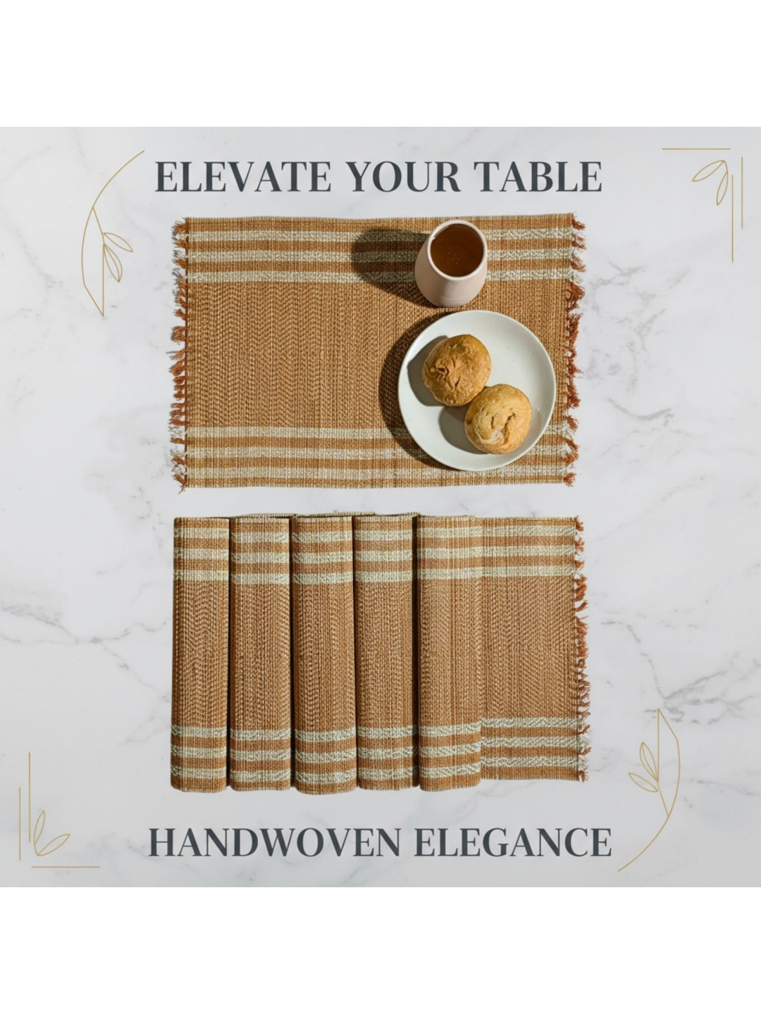 FERRA INDICA Brown & Yellow 6 Pieces Striped Madurkathi Table Placemats