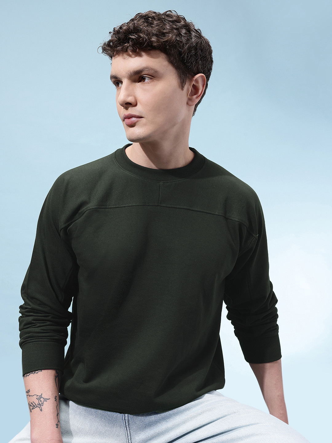 glitchez Solid Round Neck Relaxed Fit Pullover With Panelled Detail