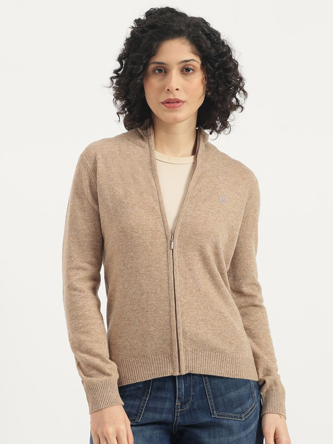 United Colors of Benetton Women Mock Neck Zipper Woolen Cardigan