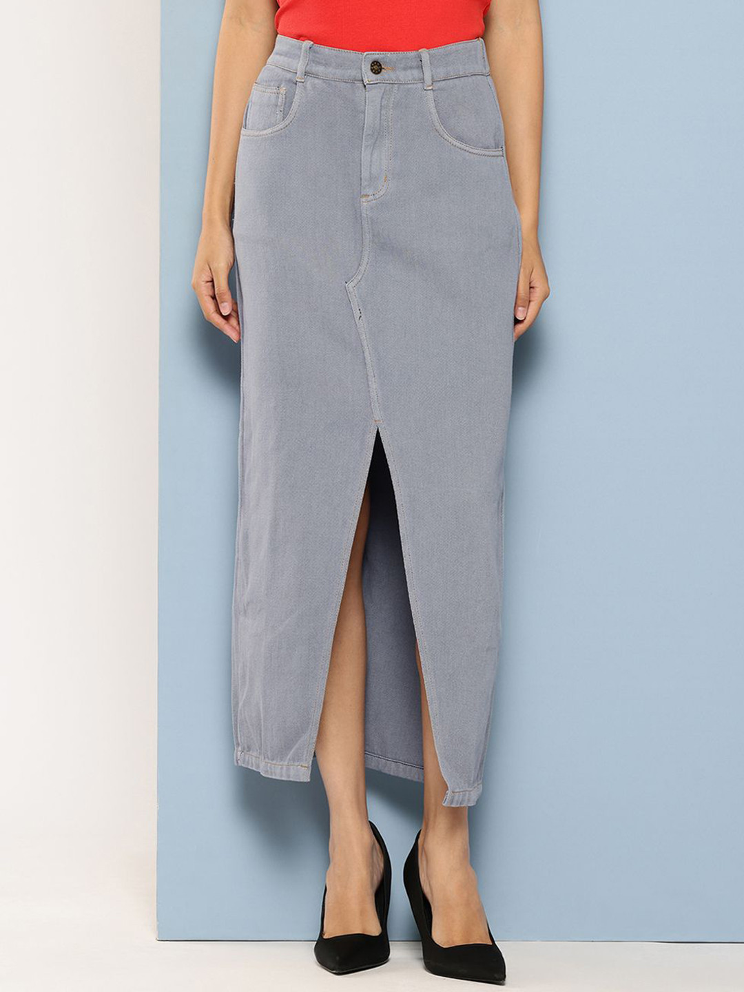 Chemistry Women Denim Straight Maxi Skirt with Front Slit