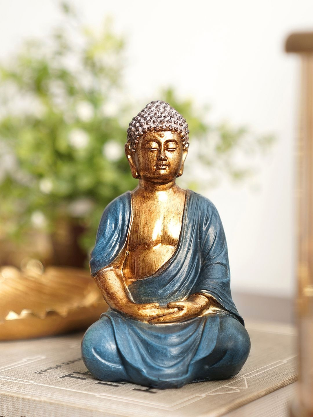 Pure Home and Living Gold-Toned & Blue Antique Sitting Buddha Idol Showpiece