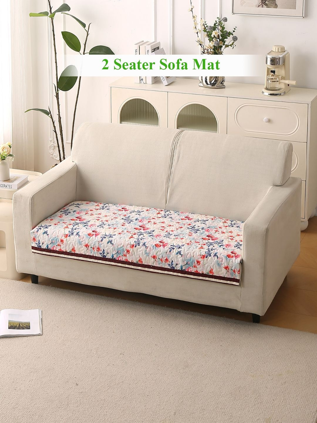 HOKIPO Florentina Series Scarlet Rose Ivory Printed Holland Velvet 2 Seater Sofa Cover Mat