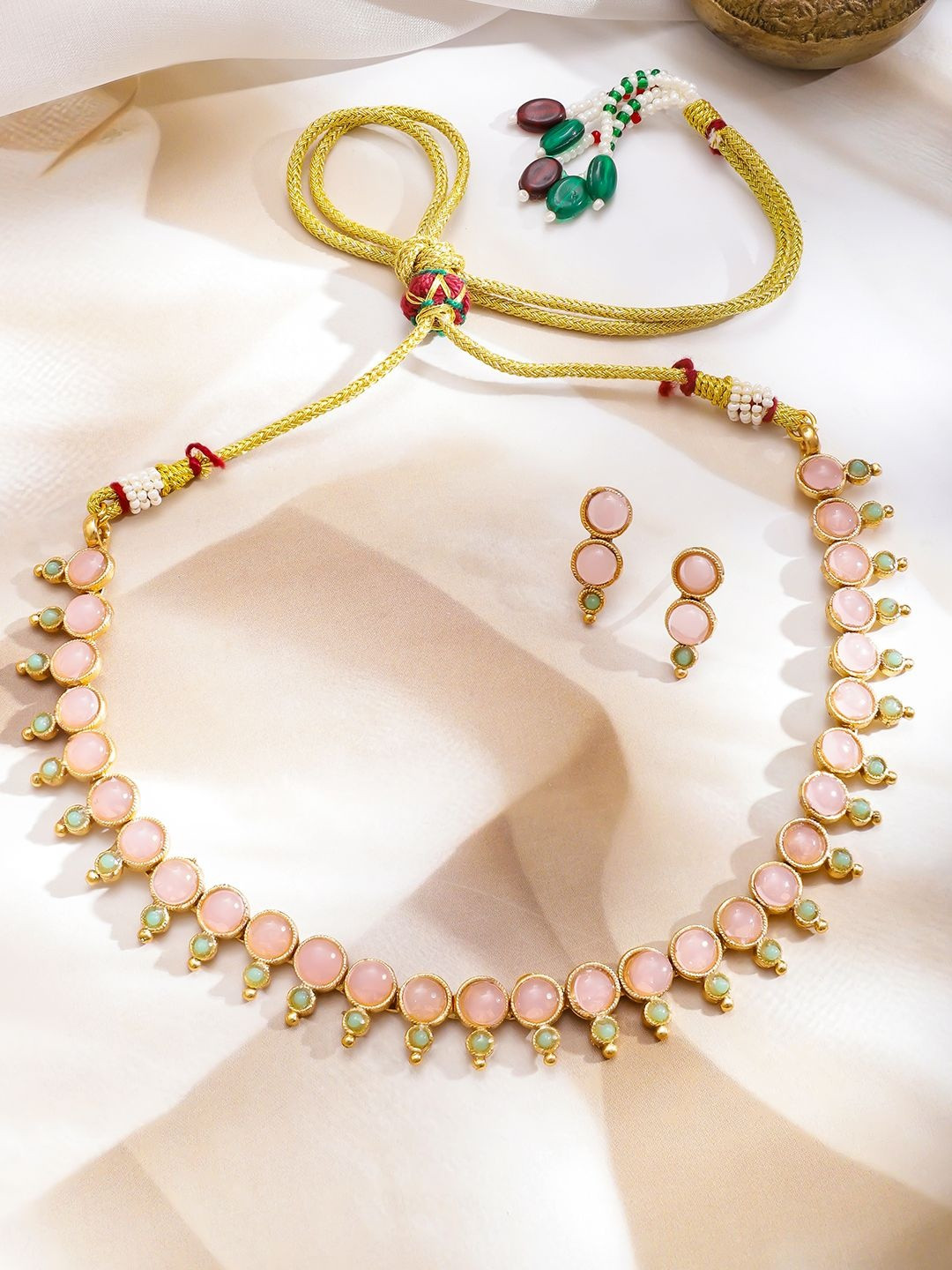 Women 22K Gold-Plated Pastel Pink & Pastel Green Stone Choker Necklace with Earrings