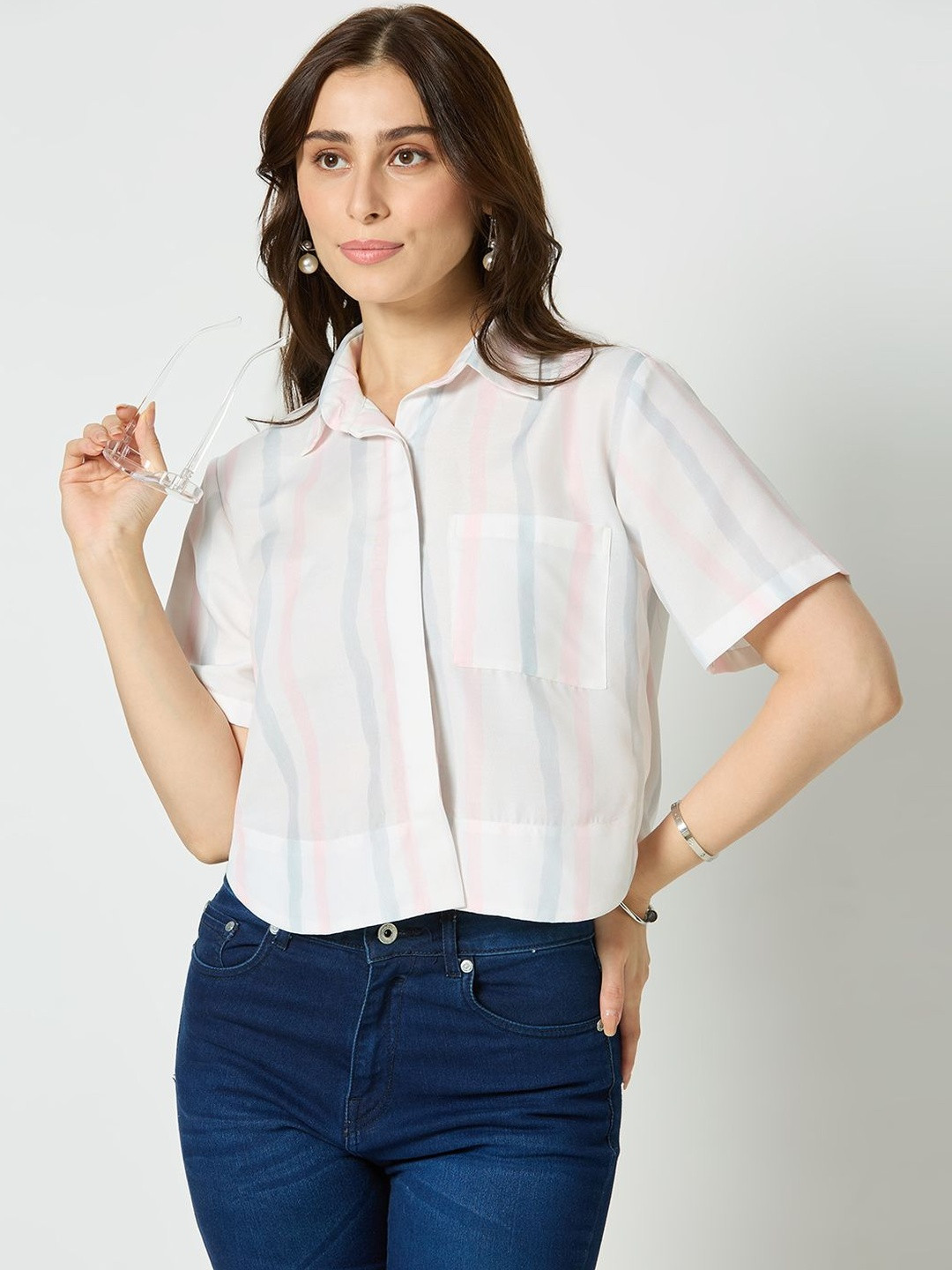 Insho Women Stripe Printed Button Down Crop Shirt
