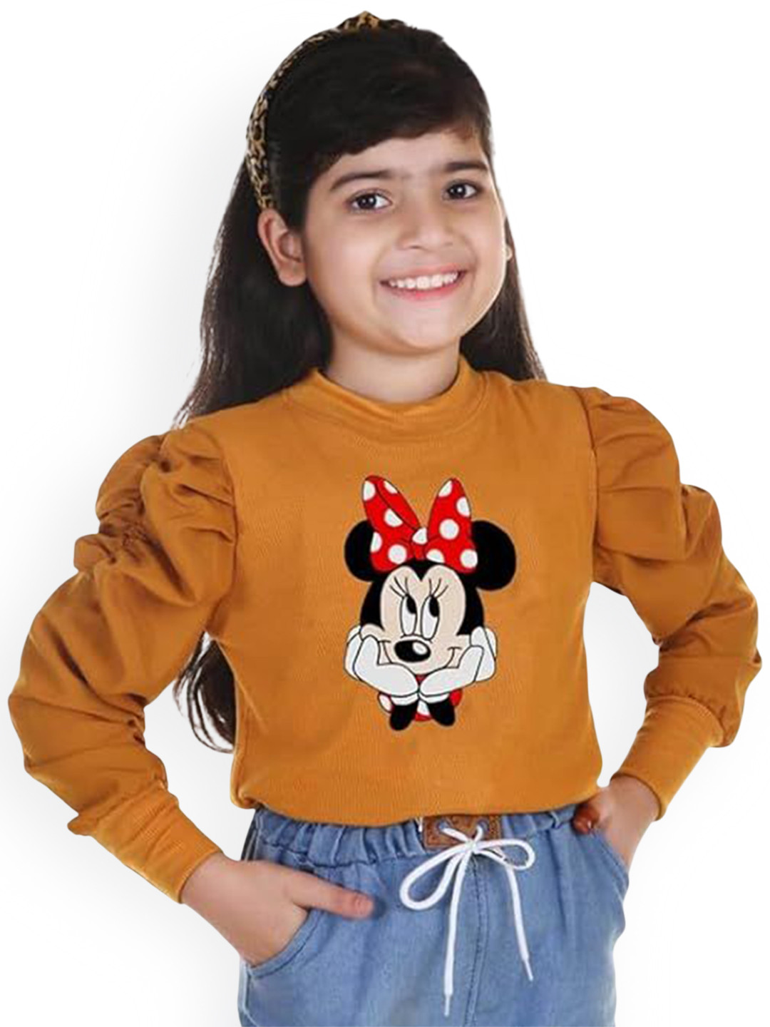KIROTO Girls Mustard Mickey Printed Puff Sleeve Ruffles Crepe Top