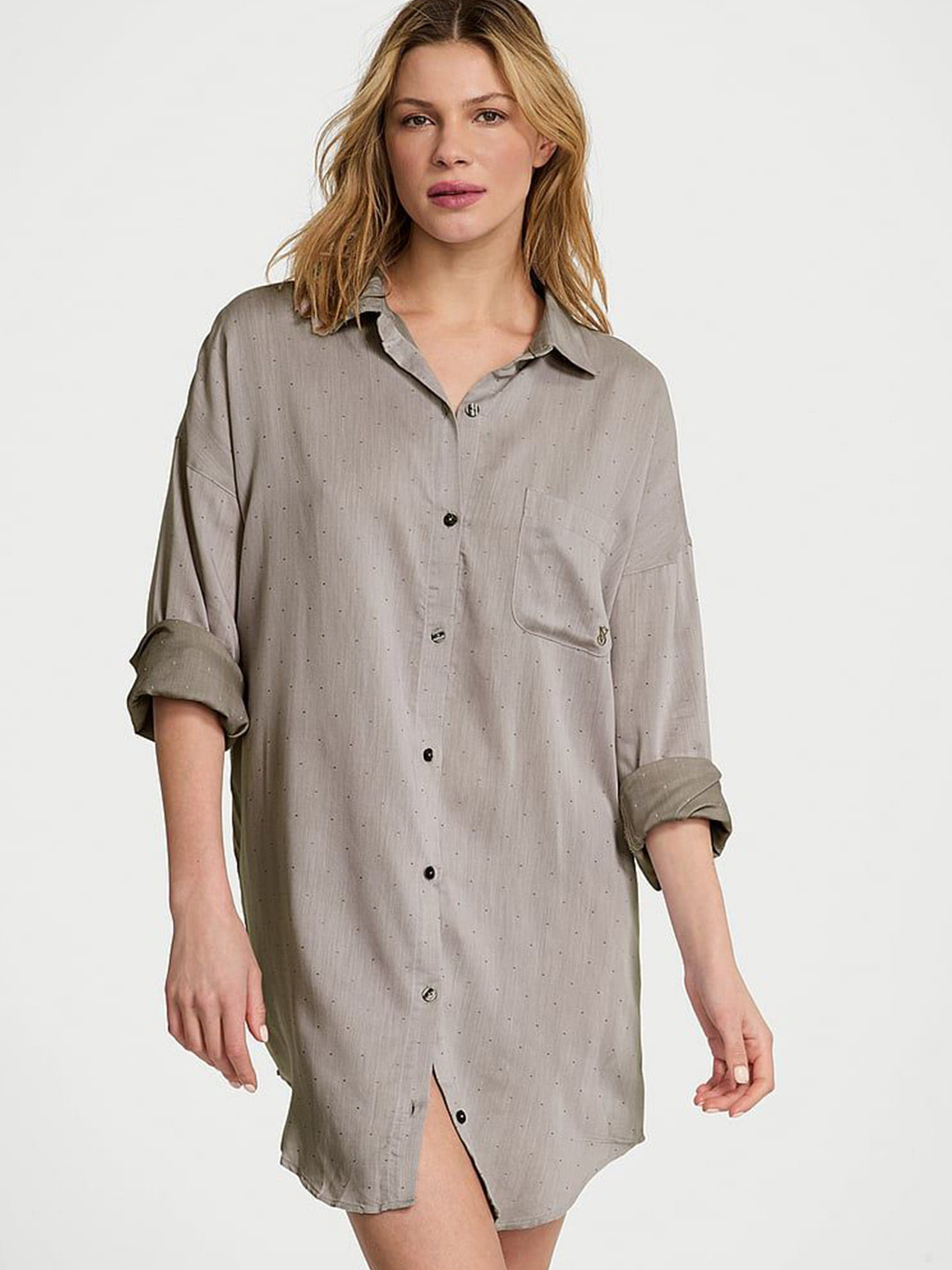 Victoria's Secret Women Solid Polo Collar Modal-Cotton Shirt Nightdress