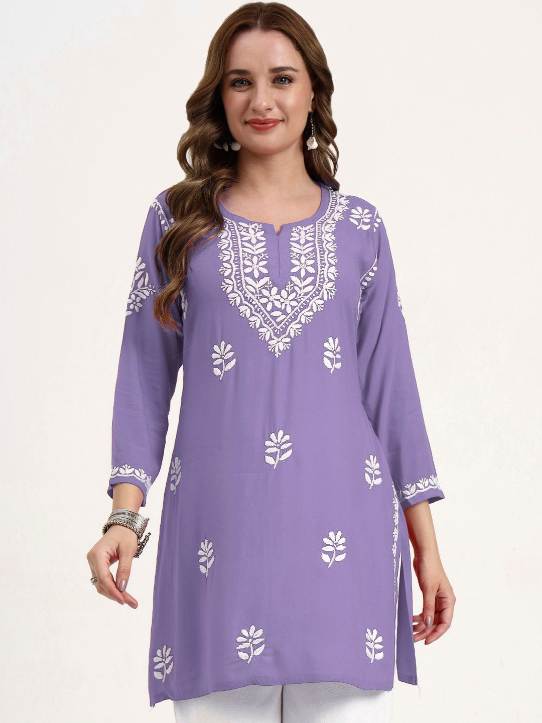 The Chikan Label Women Embroidered Chikankari Round Neck Short Kurtis