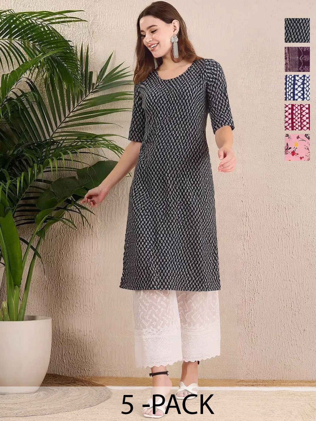 Ethnic basket Selection Of 5 Ethnic Motifs Printed Round Neck Straight Kurtas