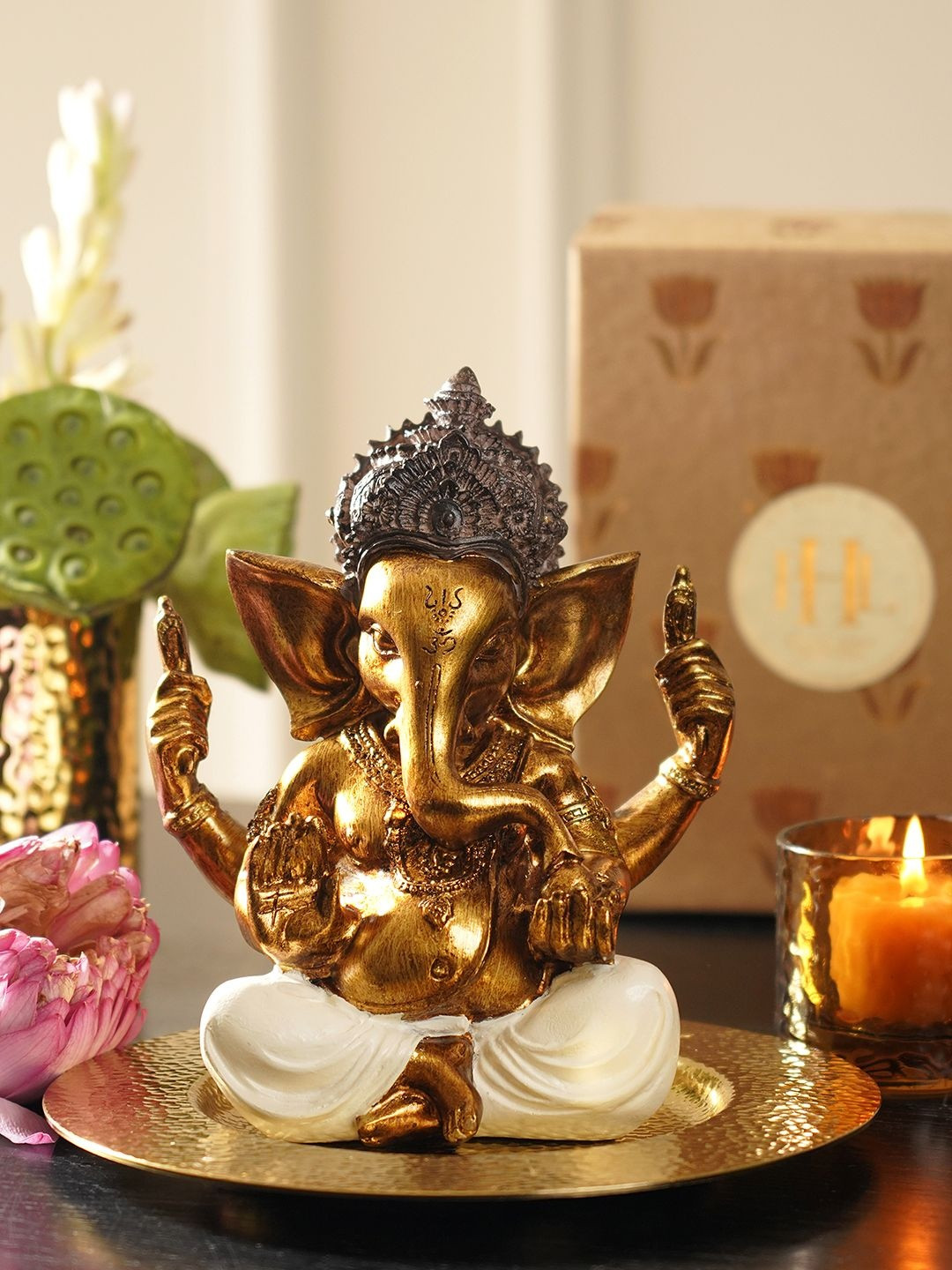 Pure Home and Living Gold-Toned & White Sitting Ganesha Religious Idol Showpiece