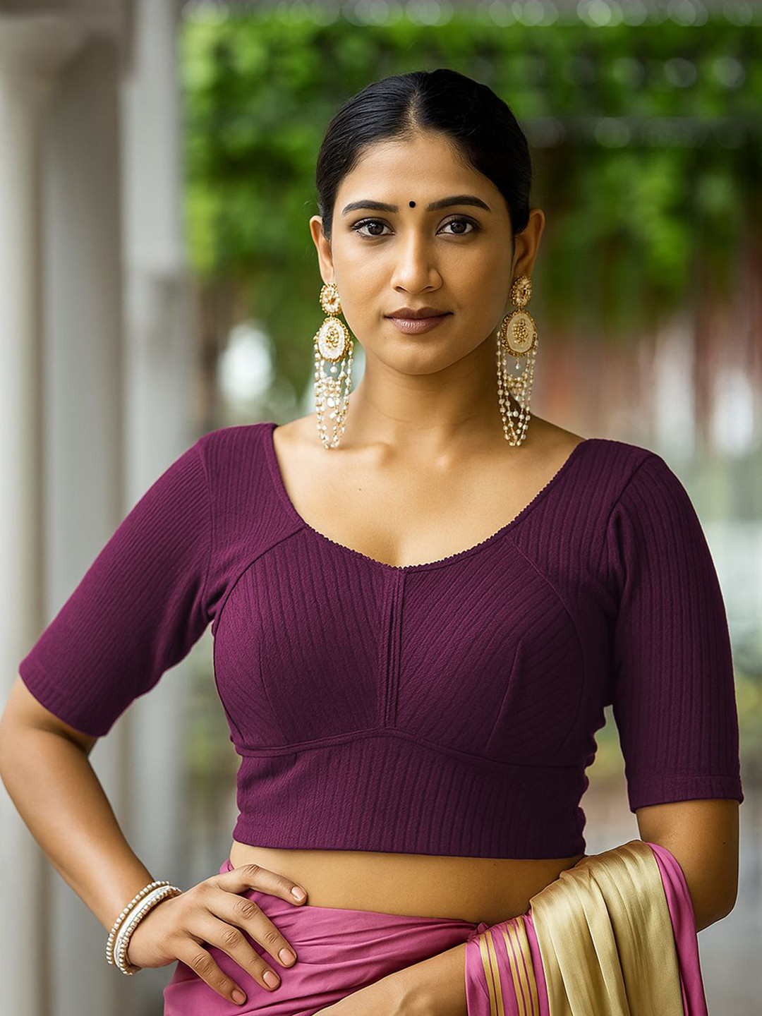 PU FASHION Women Ribbed Round Neck Stretchable Saree Blouse