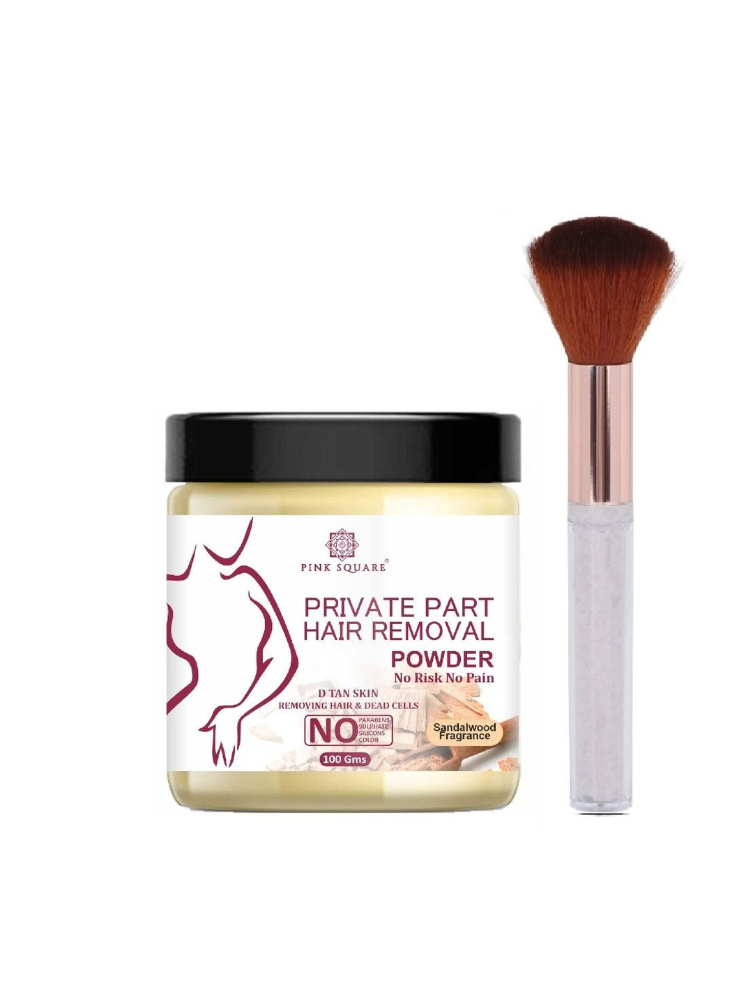 Pink Square Bikini Hair Removal Powder With Brush - Sandalwood - 100 g