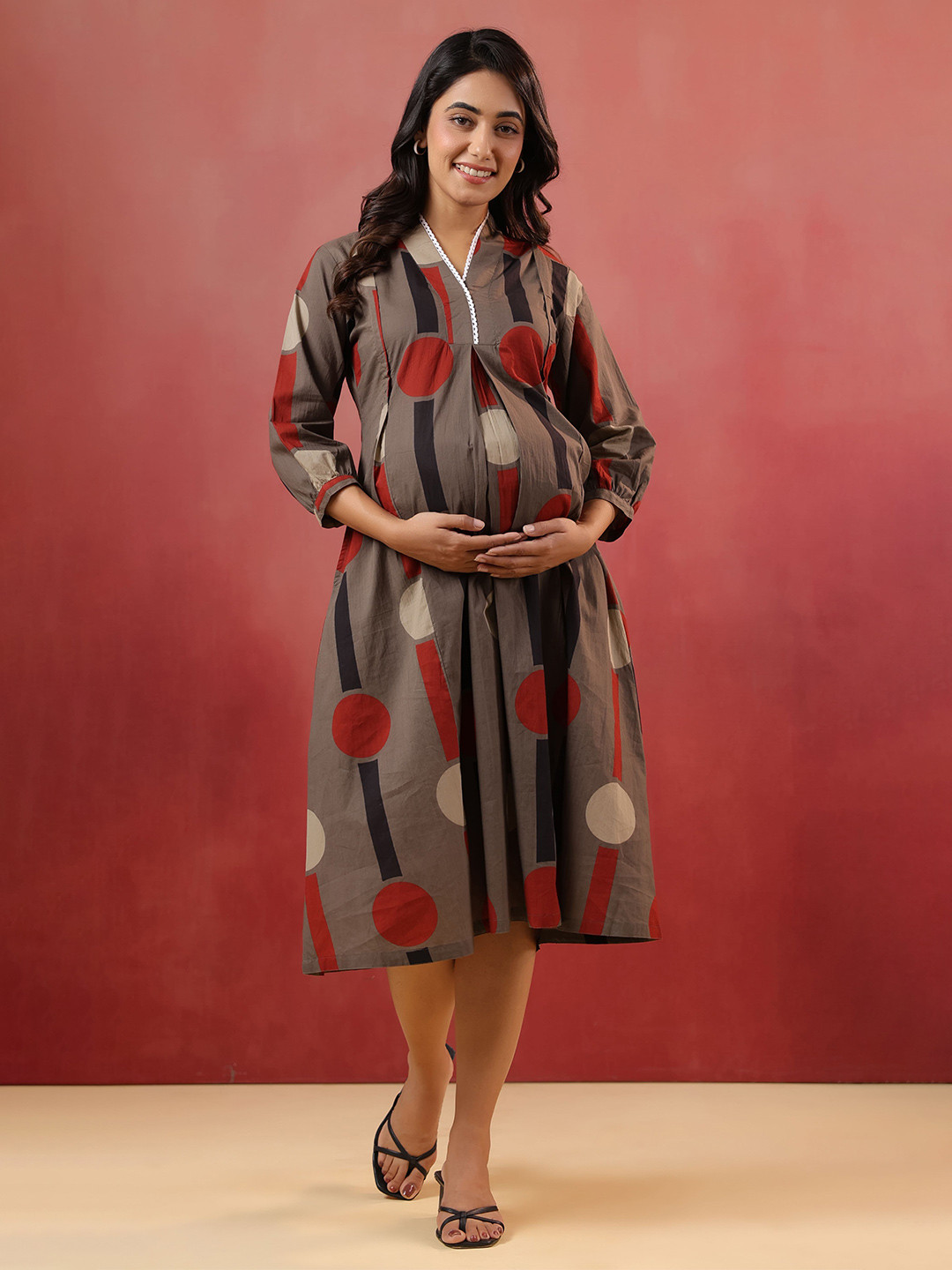 CRAFIQA Geometric  Printed Lace Inserts Maternity A-Line Dress