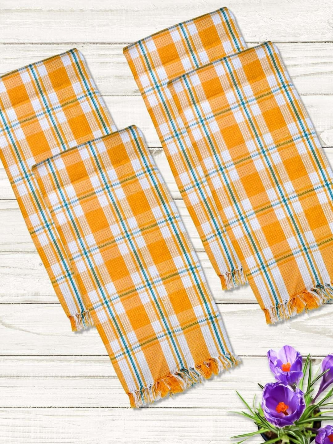 Athom Living Yellow & White 4 Pieces Checkered Printed Cotton 210 GSM Thin Bath Towels