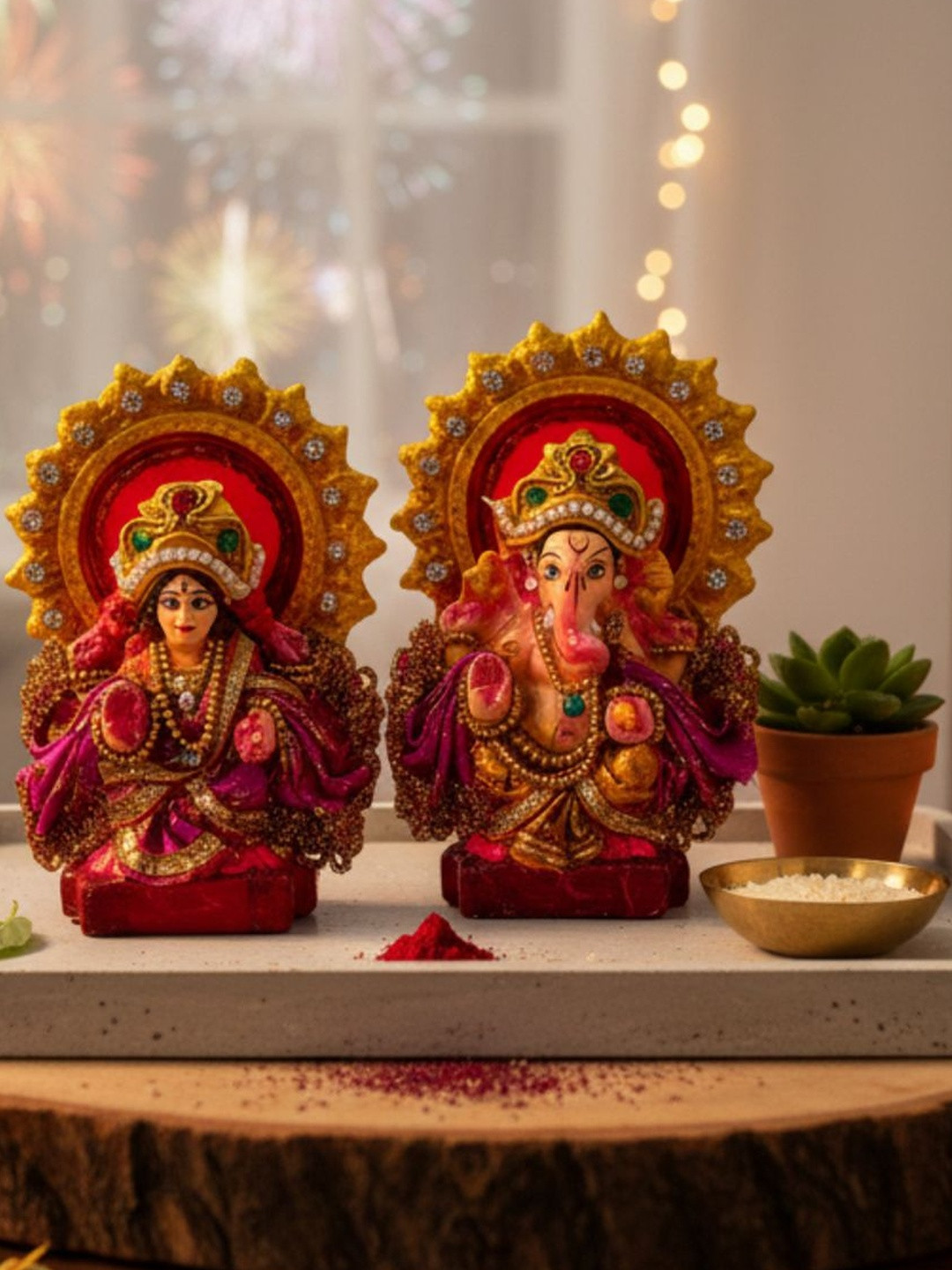 ExclusiveLane Red & Pink 2 Pieces Adhyatmik Lakshmi-Ganesha Idol Showpiece