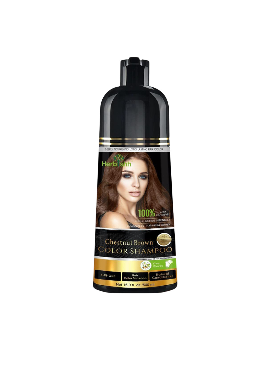 Herbishh Hair Color Shampoo For Grey Hair With Argan Oil - 500 ml - Chestnut Brown