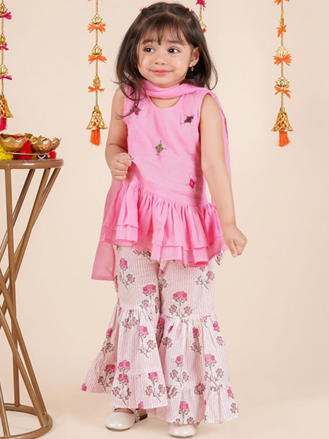 LOYZO-LOYAL TO JOY Girls Pink Cotton Embellished Sharara Set with Dupatta