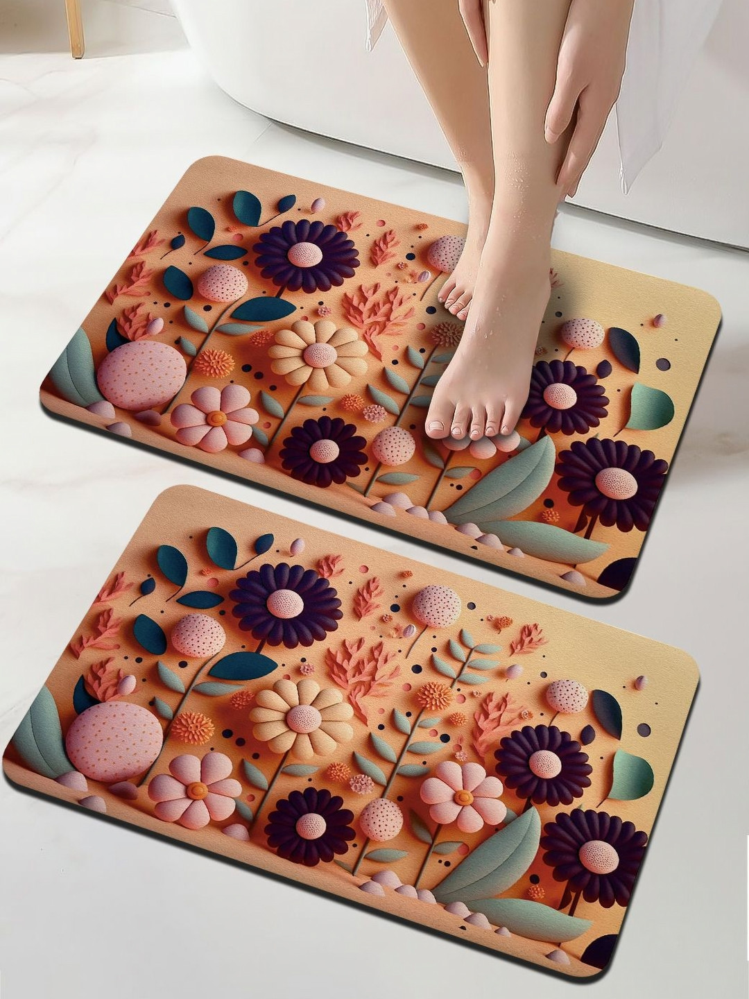 GRISHVA Orange & Green 2 Pieces Printed Water Absorbent Anti-Skid Bath Rugs