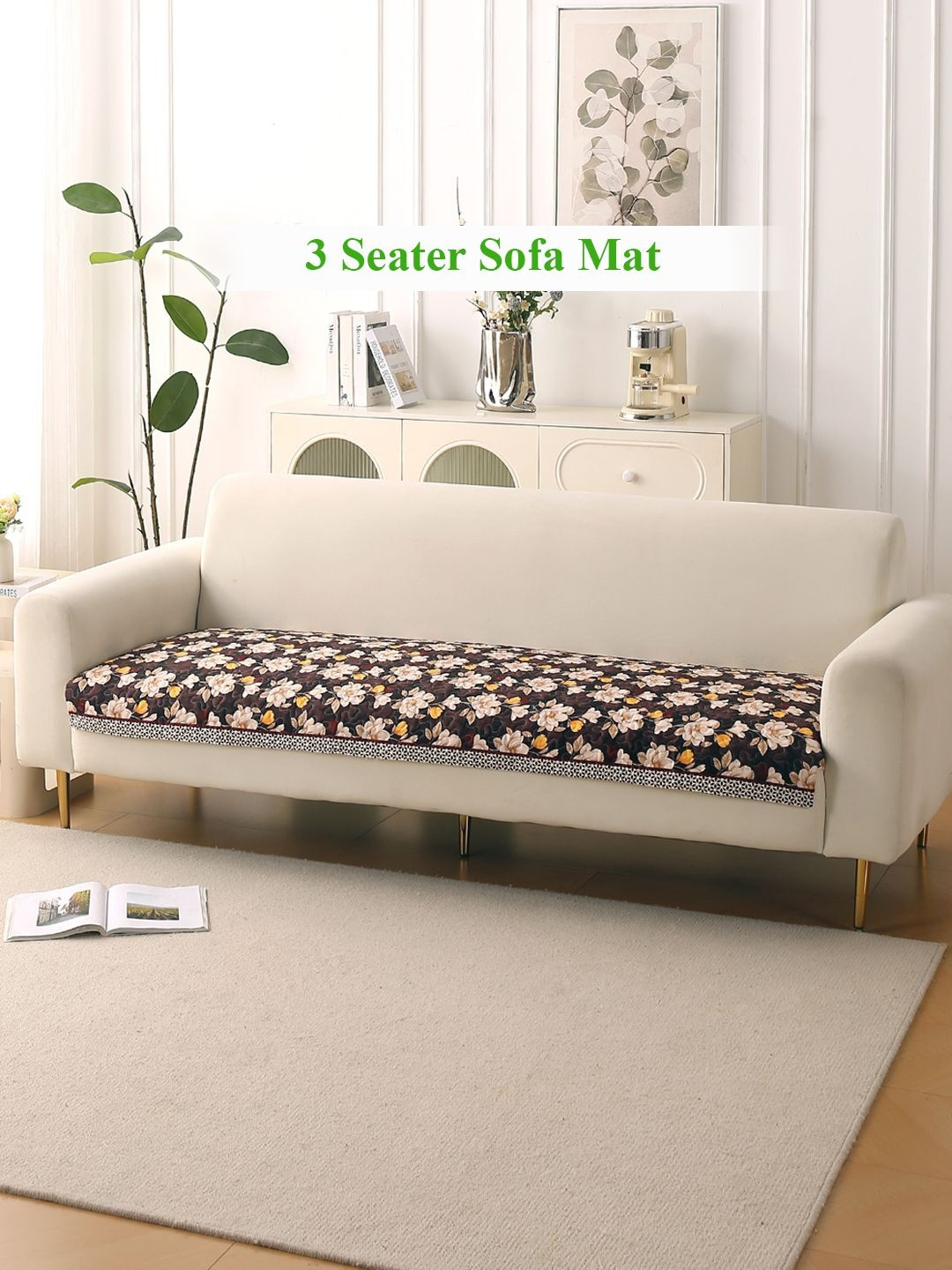 HOKIPO Florentina Series Camellia Brown Printed Holland Velvet 3 Seater Sofa Cover Mats