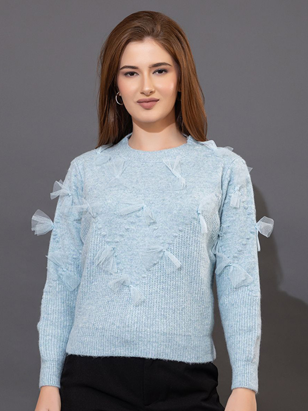 GFO Women Woollen Pullover with Ribbon Embellishments Sweater