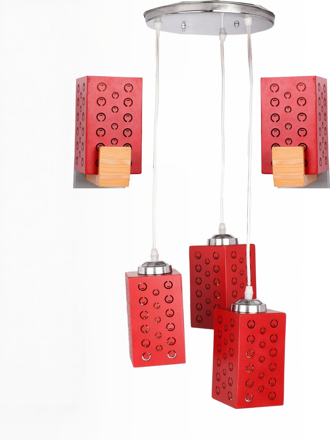 SOMIL Red & Brown 3 Pieces Textured Wooden Rectangle Shaped Wall & Ceiling Lamp Combo